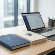 europese-certificering-binders-bureau.jpg Twee officiële ordners op een modern bureau, één met Europees embleem en één met kwaliteitscertificering, laptop op achtergrond.
