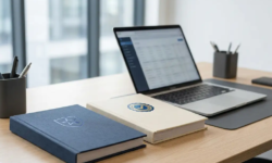 Twee officiële ordners op een modern bureau, één met Europees embleem en één met kwaliteitscertificering, laptop op achtergrond.