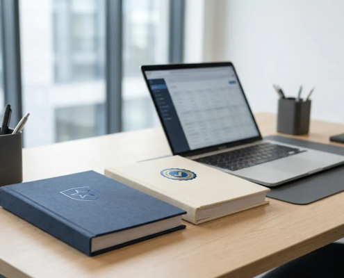 Twee officiële ordners op een modern bureau, één met Europees embleem en één met kwaliteitscertificering, laptop op achtergrond.