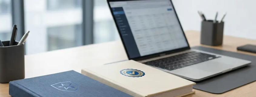 Twee officiële ordners op een modern bureau, één met Europees embleem en één met kwaliteitscertificering, laptop op achtergrond.