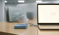 Externe harde schijf en laptop op modern bureau met USB-kabel en gestapelde mappen, symboliserend digitale gegevensopslag.