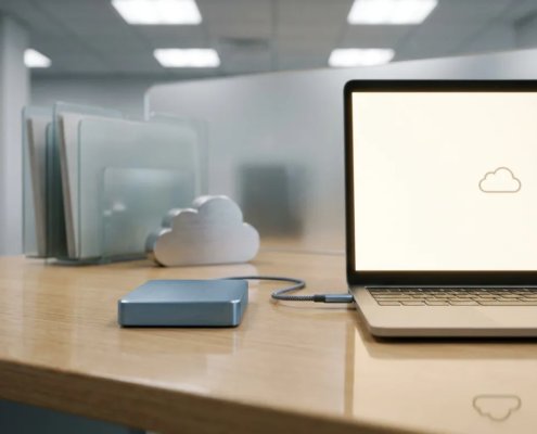 Externe harde schijf en laptop op modern bureau met USB-kabel en gestapelde mappen, symboliserend digitale gegevensopslag.