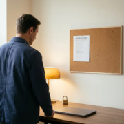 fysieke-beveiliging-checklist-kantoor-werknemer.jpg Medewerker bij modern bureau met fysieke beveiligingschecklist op prikbord, gesloten laptop en cijferslot, warm amberkleurig bureaulampje.