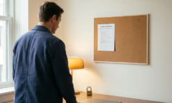 Medewerker bij modern bureau met fysieke beveiligingschecklist op prikbord, gesloten laptop en cijferslot, warm amberkleurig bureaulampje.