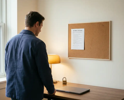 Medewerker bij modern bureau met fysieke beveiligingschecklist op prikbord, gesloten laptop en cijferslot, warm amberkleurig bureaulampje.