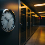 gebroken-klok-serverruimte-noodverlichting.jpg Gebarsten analoge klok met gebroken wijzerplaat in serverruimte, verlicht door oranje noodverlichting en rood waarschuwingslicht.