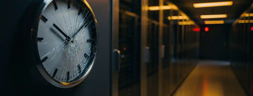Gebarsten analoge klok met gebroken wijzerplaat in serverruimte, verlicht door oranje noodverlichting en rood waarschuwingslicht.