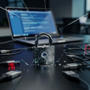 beveiliging-datalek-bedrijf-cyberaanval.jpg Gebroken hangslot op kantoorbureau naast gloeiend laptopscherm met verspreide USB-sticks en ethernetkabels, dramatische blauwe belichting.