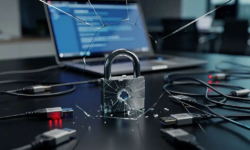 Gebroken hangslot op kantoorbureau naast gloeiend laptopscherm met verspreide USB-sticks en ethernet­kabels, dramatische blauwe belichting.