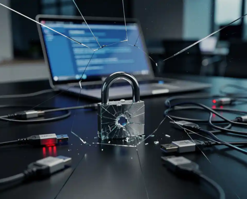 Gebroken hangslot op kantoorbureau naast gloeiend laptopscherm met verspreide USB-sticks en ethernet­kabels, dramatische blauwe belichting.