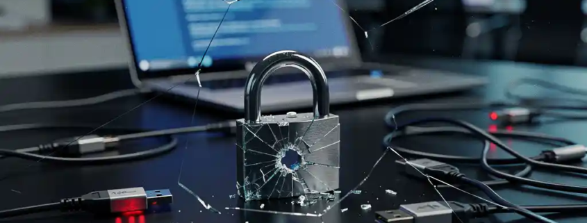 Gebroken hangslot op kantoorbureau naast gloeiend laptopscherm met verspreide USB-sticks en ethernetkabels, dramatische blauwe belichting.