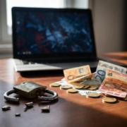 cyberbeveiliging-gebroken-slot-euro-fraude.jpg Gebroken hangslot op kantoorbureau naast verspreide eurobiljetten en munten, met beschadigd laptopscherm op de achtergrond.