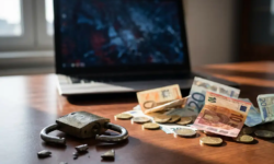 Gebroken hangslot op kantoorbureau naast verspreide eurobiljetten en munten, met beschadigd laptopscherm op de achtergrond.