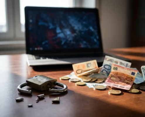 Gebroken hangslot op kantoorbureau naast verspreide eurobiljetten en munten, met beschadigd laptopscherm op de achtergrond.