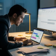 teams-notificaties-inhalen-werknemer-bureau.jpg Professional leant over laptop met ongelezen Teams-meldingen, bureau met sticky notes en documenten, tweede monitor toont teamkalender.