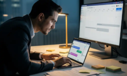 Professional leant over laptop met ongelezen Teams-meldingen, bureau met sticky notes en documenten, tweede monitor toont teamkalender.