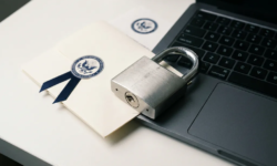 Stalen hangslot op laptoptoetsenbord met officieel document, symboliseert digitale gegevensbeveiliging en privacy.