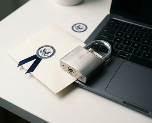 Stalen hangslot op laptoptoetsenbord met officieel document, symboliseert digitale gegevensbeveiliging en privacy.