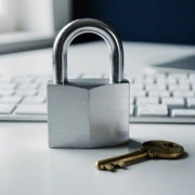 beveiliging-slot-toetsenbord-digitaal.jpg Stalen hangslot met messing sleuteltje op modern toetsenbord, symboliseert digitale beveiliging en cybersecurity.