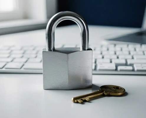 Stalen hangslot met messing sleuteltje op modern toetsenbord, symboliseert digitale beveiliging en cybersecurity.