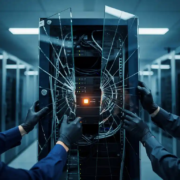 server-rack-herstel-datacenter-reparatie.jpg Gehandschoende handen die een beschadigd serverrek herstellen in een modern datacenter met blauw en amber licht.