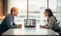 Twee professionals in lichte vergaderruimte tijdens hybride videovergadering, laptop op moderne tafel met remote collega's in beeld.