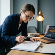 Inkoopmanager onderzoekt leverancierscontract met vergrootglas aan modern bureau, laptop met beveiligingsdashboard op achtergrond.