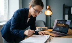 Inkoopmanager onderzoekt leverancierscontract met vergrootglas aan modern bureau, laptop met beveiligingsdashboard op achtergrond.