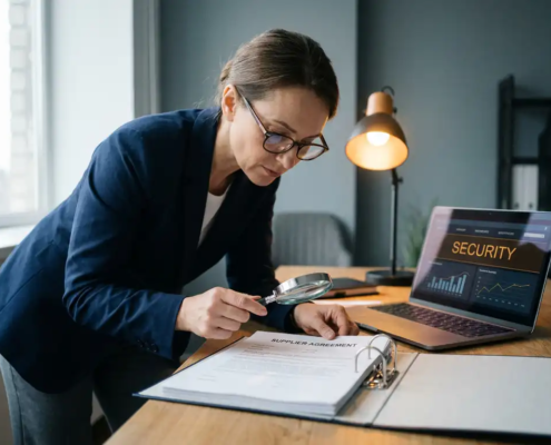 Inkoopmanager onderzoekt leverancierscontract met vergrootglas aan modern bureau, laptop met beveiligingsdashboard op achtergrond.