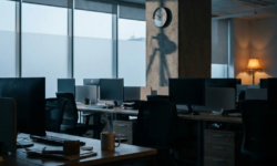 Verlaten kantoor tijdens werkdag met lege stoelen, dampende koffiekop op bureau en één amber lamp in koelblauwe stilte.