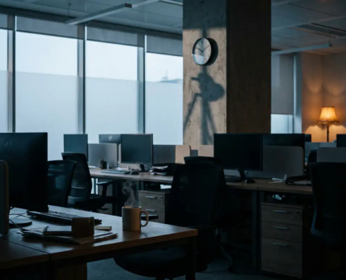 Verlaten kantoor tijdens werkdag met lege stoelen, dampende koffiekop op bureau en één amber lamp in koelblauwe stilte.