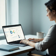 Ondernemer beheert Microsoft 365 dashboard op laptop aan opgeruimd bureau met notitieboek en koffiemok, zacht noordelijk licht.