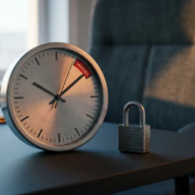 Analoog horloge naast een gesloten hangslot op modern bureau, symboliseert urgentie en digitale beveiliging.