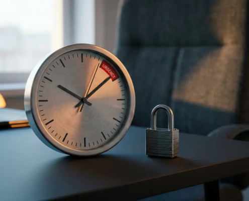 Analoog horloge naast een gesloten hangslot op modern bureau, symboliseert urgentie en digitale beveiliging.