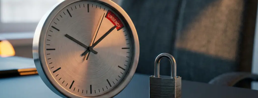 Analoog horloge naast een gesloten hangslot op modern bureau, symboliseert urgentie en digitale beveiliging.