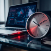 klok-cybersecurity-deadline-urgentie-bureau.jpg Analoge klok met bewegende secondewijzer op glazen bureau naast laptop met cybersecurity dashboard, rood waarschuwingslicht, dramatische belichting.