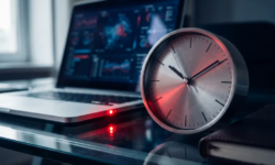 Analoge klok met bewegende secondewijzer op glazen bureau naast laptop met cybersecurity dashboard, rood waarschuwingslicht, dramatische belichting.