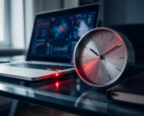 Analoge klok met bewegende secondewijzer op glazen bureau naast laptop met cybersecurity dashboard, rood waarschuwingslicht, dramatische belichting.