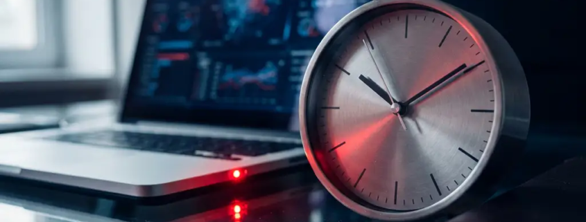 Analoge klok met bewegende secondewijzer op glazen bureau naast laptop met cybersecurity dashboard, rood waarschuwingslicht, dramatische belichting.