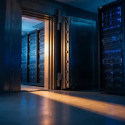 Zware stalen kluisdeur op een kier in een moderne serverruimte, met blauwe indicatielampjes op rack-apparatuur en warm amber licht.