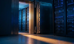 Zware stalen kluisdeur op een kier in een moderne serverruimte, met blauwe indicatielampjes op rack-apparatuur en warm amber licht.