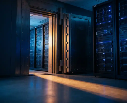 Zware stalen kluisdeur op een kier in een moderne serverruimte, met blauwe indicatielampjes op rack-apparatuur en warm amber licht.