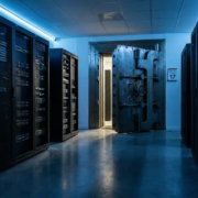 Zware stalen kluisdeur op een kier in een moderne serverruimte met blauwe LED-verlichting en een Nederlandse kalender aan de muur.
