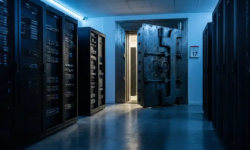 Zware stalen kluisdeur op een kier in een moderne serverruimte met blauwe LED-verlichting en een Nederlandse kalender aan de muur.
