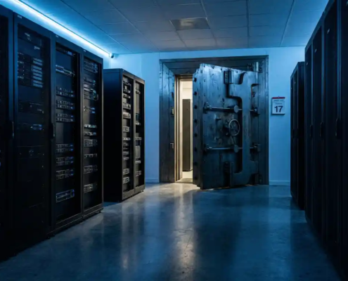 Zware stalen kluisdeur op een kier in een moderne serverruimte met blauwe LED-verlichting en een Nederlandse kalender aan de muur.
