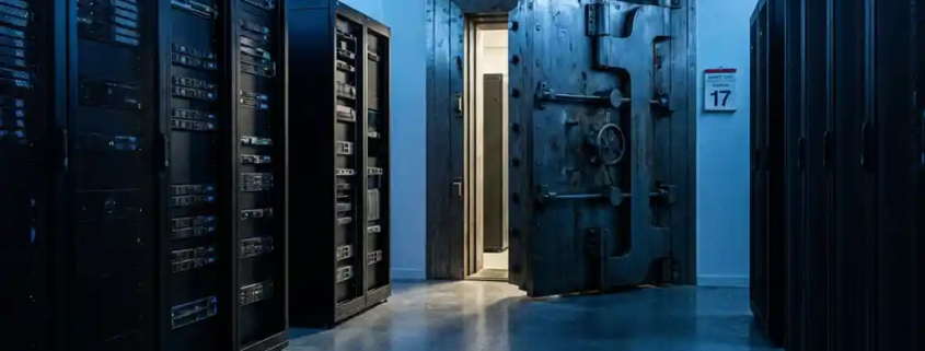 Zware stalen kluisdeur op een kier in een moderne serverruimte met blauwe LED-verlichting en een Nederlandse kalender aan de muur.