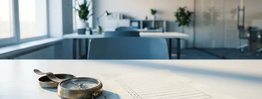 Metalen kompas naast een leeg checklist-formulier op wit bureau, zacht ochtendlicht, kantoromgeving op de achtergrond.