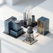 kritieke-infrastructuur-netwerk-beveiliging-sectoren.jpg Miniatuurmodellen van ziekenhuis, energiecentrale, watertoren en serverrack als onderling verbonden kritieke infrastructuur op wit oppervlak.