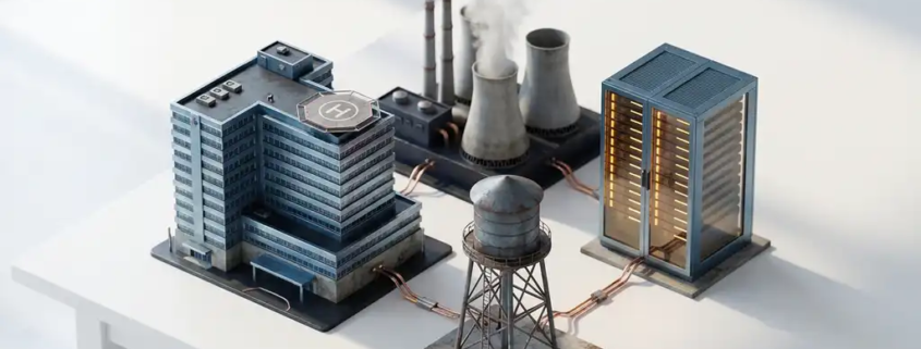 Miniatuurmodellen van ziekenhuis, energiecentrale, watertoren en serverrack als onderling verbonden kritieke infrastructuur op wit oppervlak.