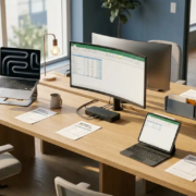 Bureau met laptop, dockingstation met twee monitoren en tablet naast kostenoverzichten, verlicht door natuurlijk noordelijk raamlicht.